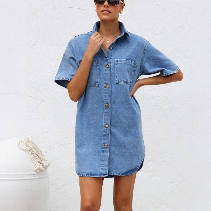 Women's dress - premium european & american style denim short-sleeve shirt dress with cardigan, loose fit, perfect for amazon & international trade