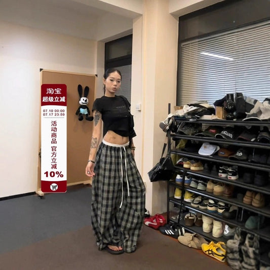 Women casual pant retroplaidloose women's high waist