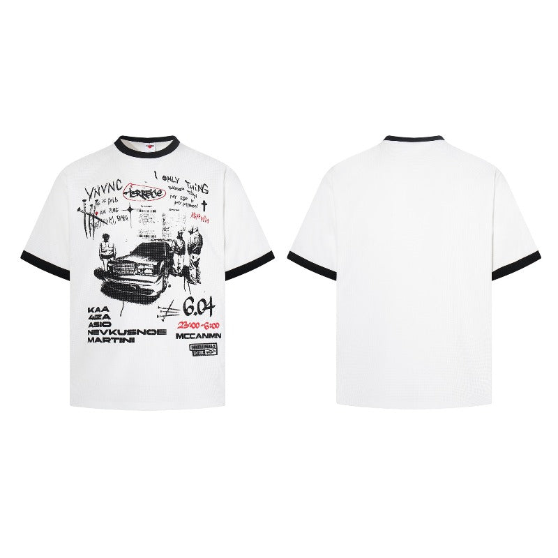 Men t shirts american retroneutralwaffle printingpatchwork round neck design men's high street fitted short sleeve t-shirt