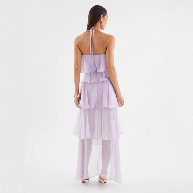 Women's french riviera style beach dress - summer sleeveless halter sundress with ruffle trim
