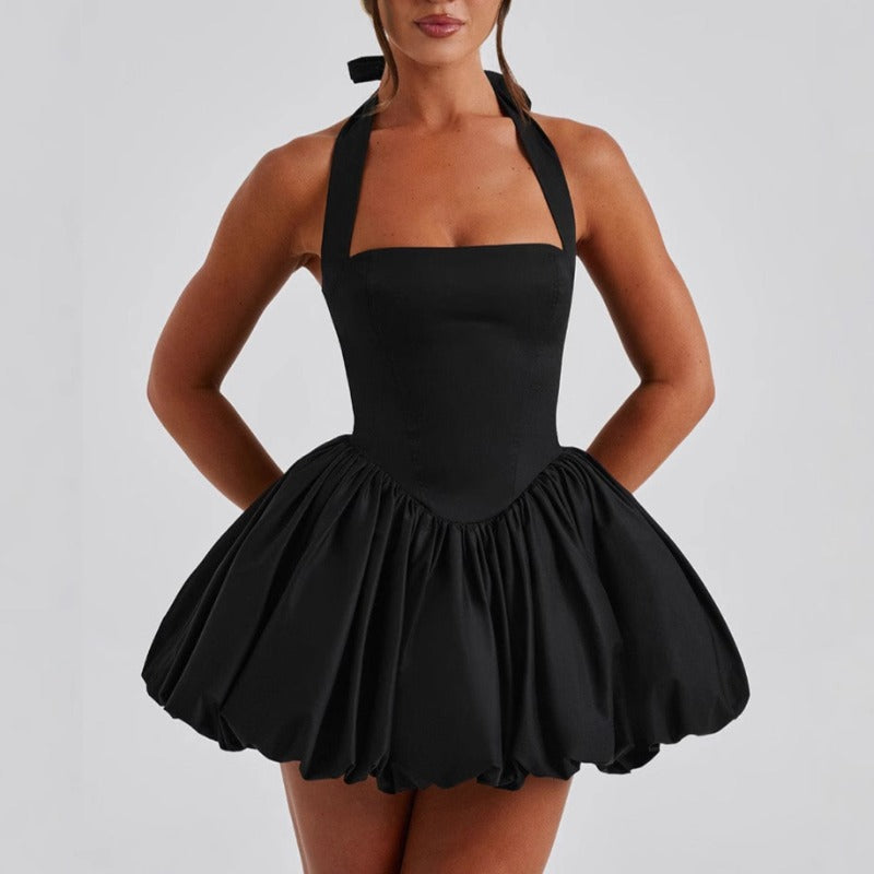 Women's dress: european and american summer hot girl style sexy cinched waist slimming puffy skirt halter neck tie-up bow dress