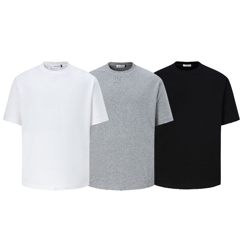 Men's t-shirts: american street style, unisex, premium summer solid color tee with distressed details - relaxed fit, short sleeve