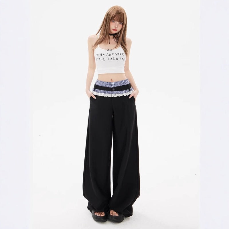 Women casual pants plaid lace women summer double waist loose