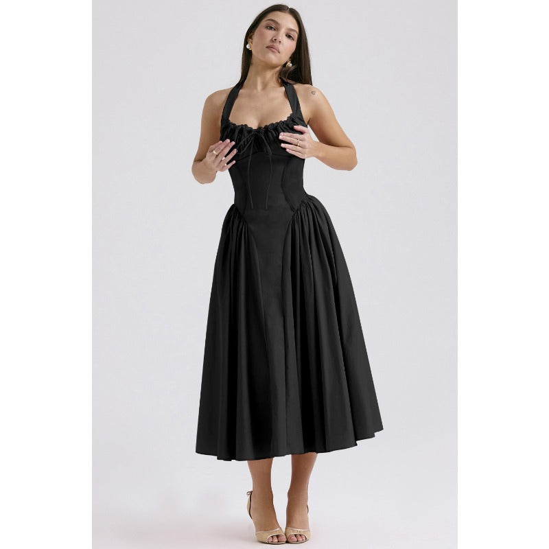 Women's summer slim-fit camisole maxi dress - european & american style fashion print halter neck lace trim dress