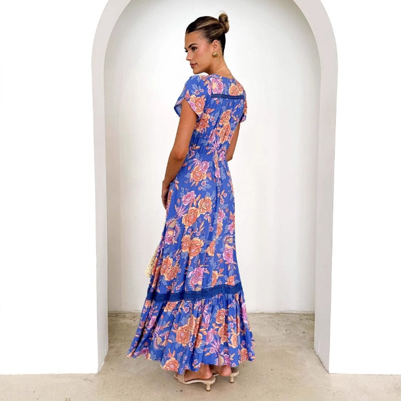 Women's dress - export quality summer maxi dress - high-end, slim-fit, v-neck, single-breasted, ruffle hem dress for women
