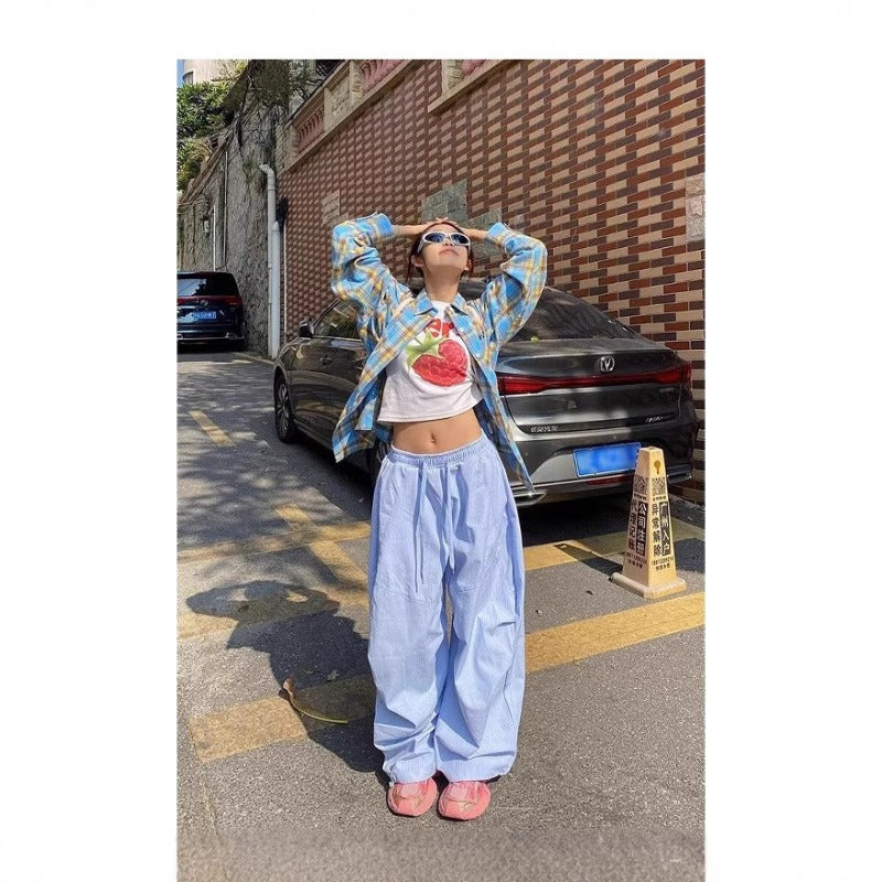 Womens casual pants vintage pleated striped spring summer wide-leg scimitar pants