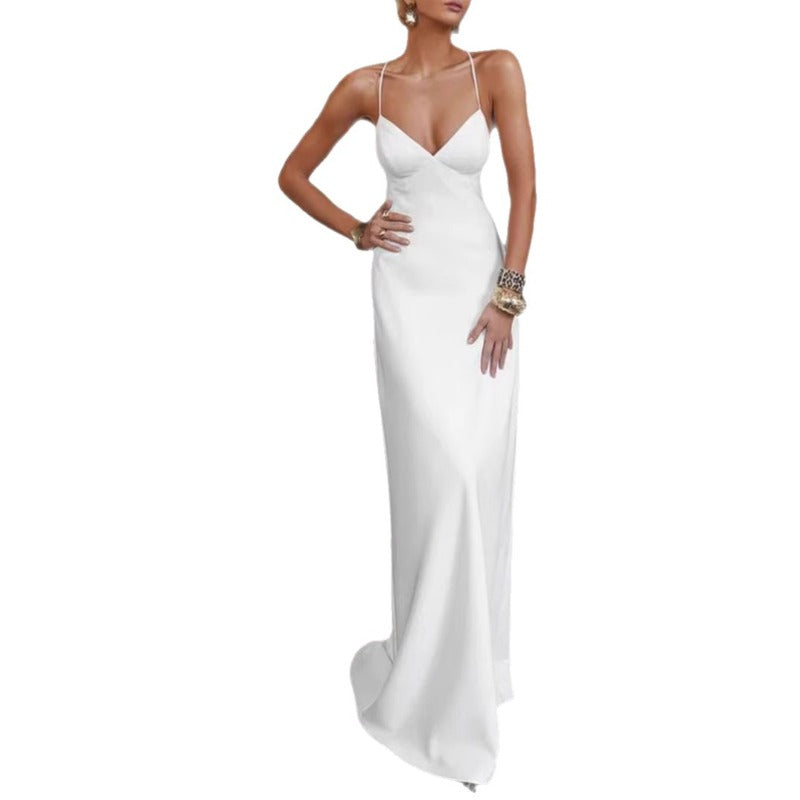 Women's dress: european and american summer style, elegant and fashionable solid color shoulder strap long criss-cross tie-up dress