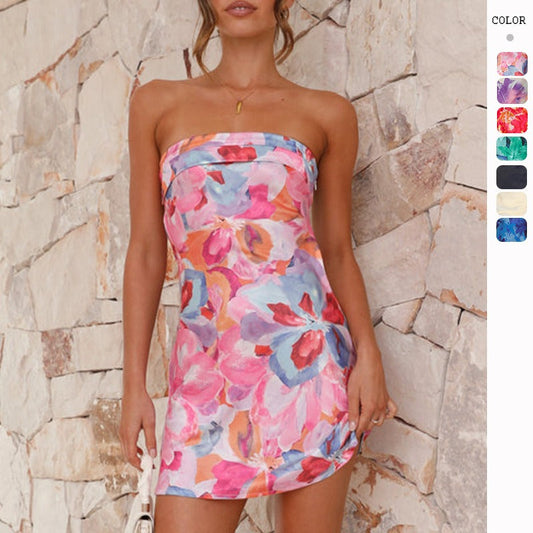 Women's summer dress - amazon cross-border fashion: sexy bandeau backless floral print mini dress