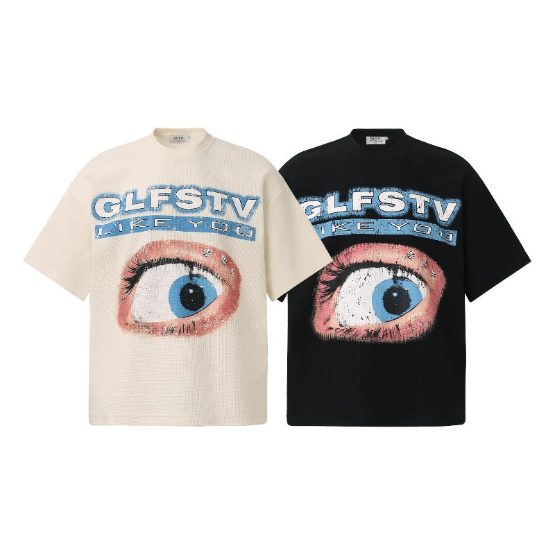 Men t shirts t american retrocouple street trendy waffle grids fun graffiti design high street men's loose small round neck t-shirt