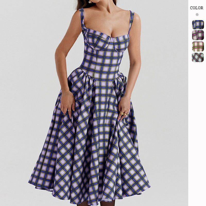 Women's dress - cross-border european & american style - french plaid high-end summer dress - spaghetti strap gingham maxi dress - court style