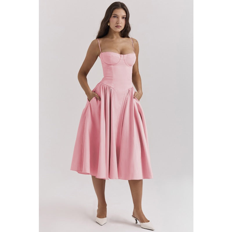Women's summer amazon dress: french retro long dress, court style dopamine outfit, spaghetti strap dress for women
