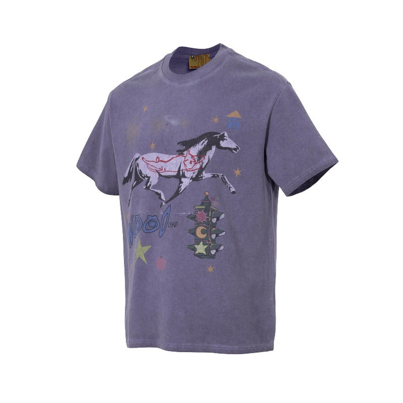 Men t shirts wt american street neutralclassy sense summer washed old horse year limited design men's loose short-sleeved t-shirt