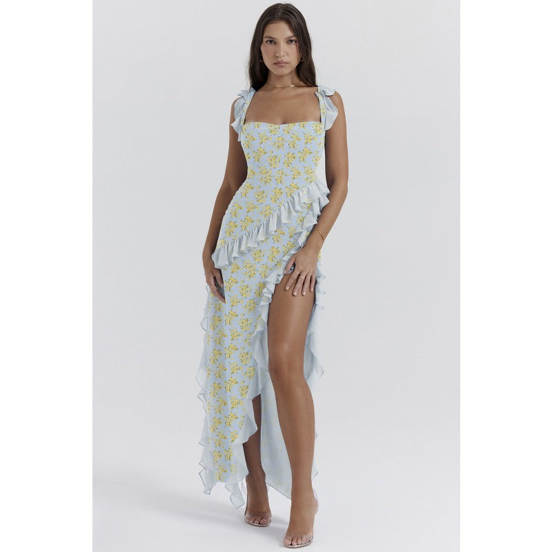 Women's dress - cross-border fashion, european & american summer style, french-style spaghetti strap, ruffle trim, designer detail, sexy slit maxi dress
