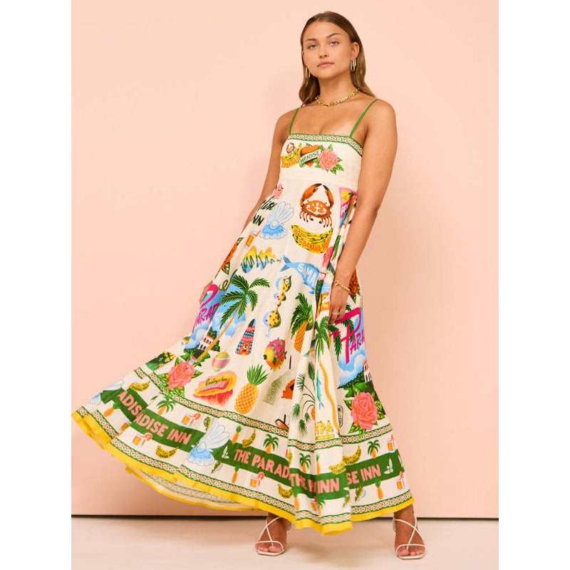 Women's summer dress: sexy spaghetti strap, high-waisted, flared maxi dress with elegant print - perfect for us & european marketplaces