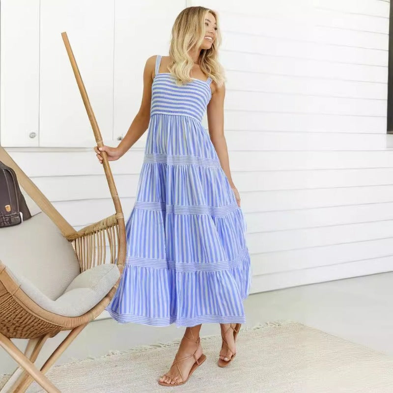 Women's dress - cross-border amazon summer european and american sexy striped print cami dress - slim fit vacation dress for women
