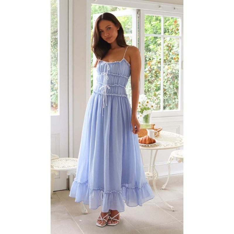 Women's a-line dress - spring/summer collection for cross-border e-commerce: european & american style, casual vacation look with lace trim, high-waisted spaghetti strap dress