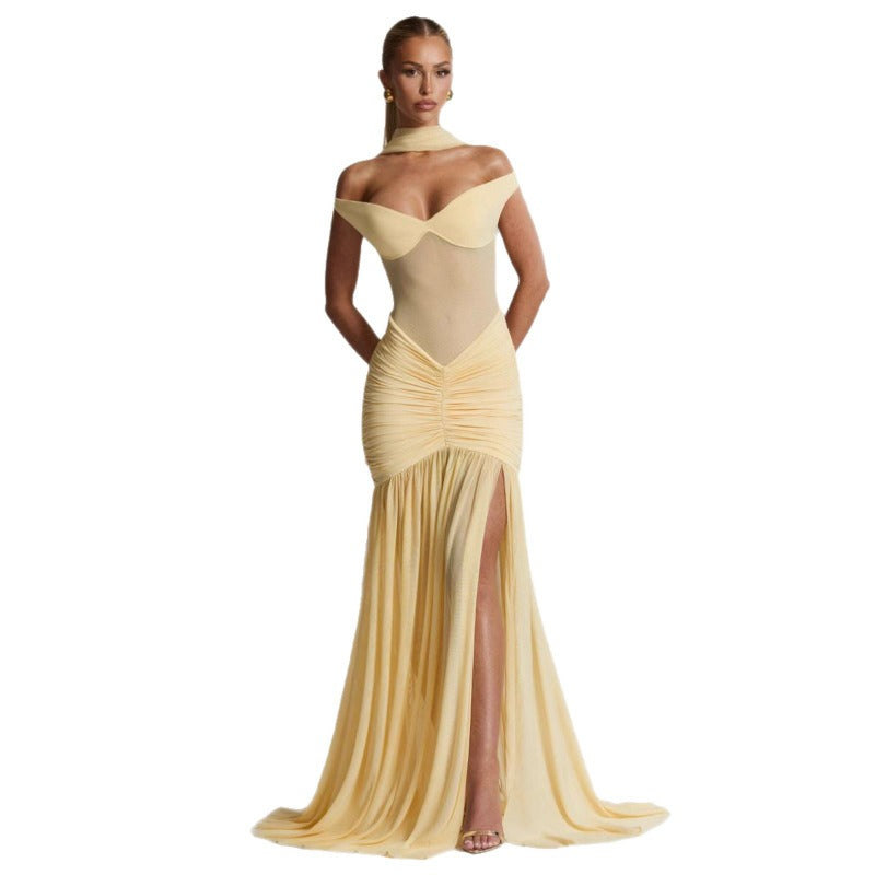 Women's dress - european & american style, amazon cross-border summer export, one-shoulder/off-shoulder evening gown, slimming & figure-flattering, spliced mermaid maxi dress