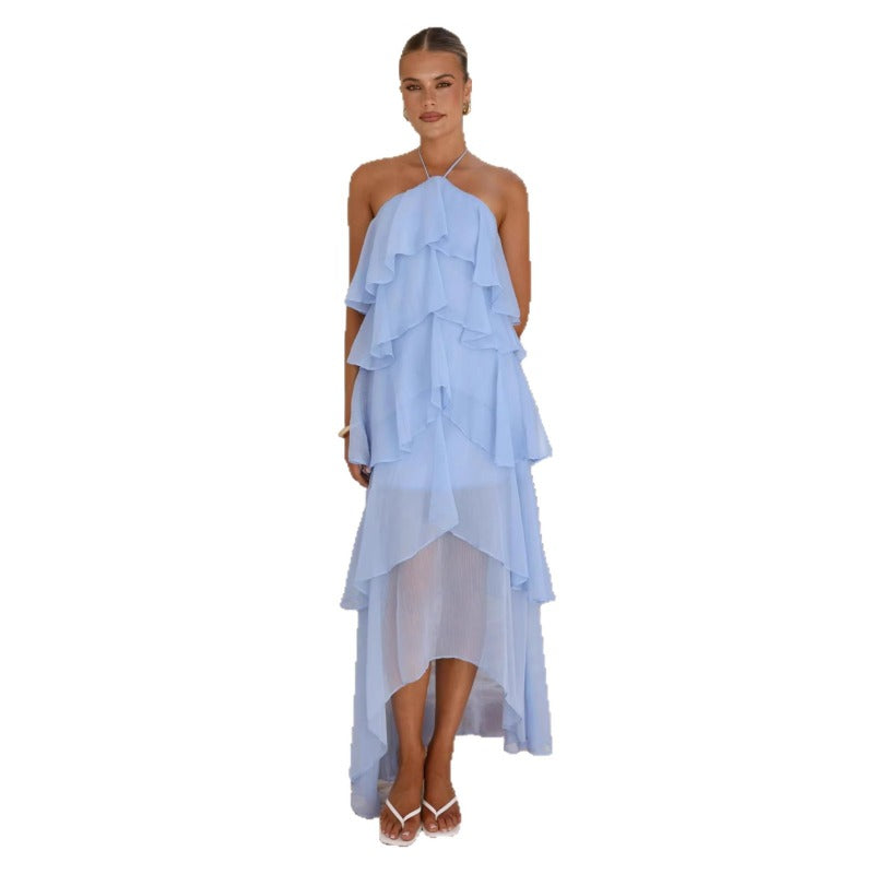 Women's off-the-shoulder european and american style fashionable chiffon printed fairy long elegant evening gown dress for cross-border e-commerce