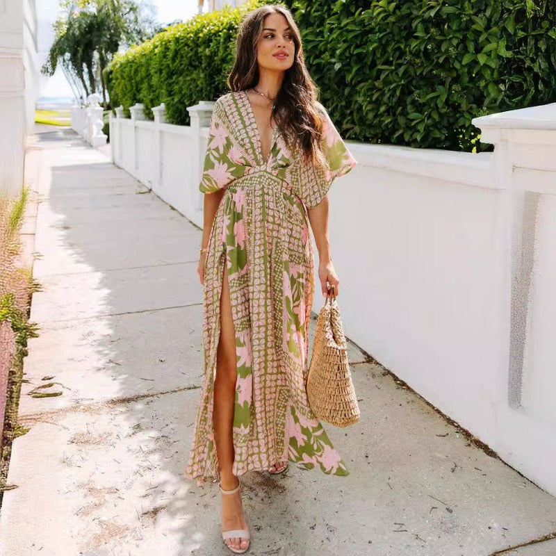 Women's dress - amazon cross-border summer european and american style sexy high-waisted fashion printed slit dress