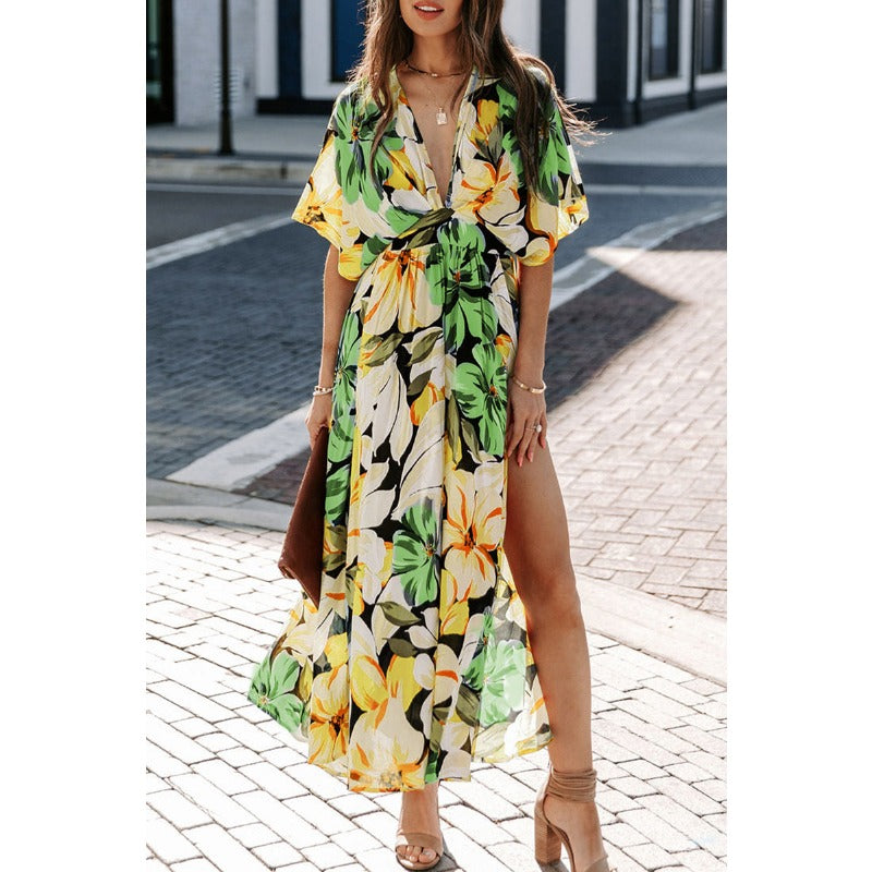 Women's dress - amazon cross-border summer european and american style sexy high-waisted fashion printed slit dress