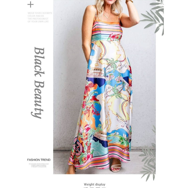 Women's dress - in stock, ready to ship: summer european & american style sexy high-waisted printed maxi slip dress - perfect for vacation!