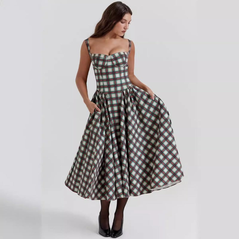 Women's dress - cross-border european & american style - french plaid high-end summer dress - spaghetti strap gingham maxi dress - court style