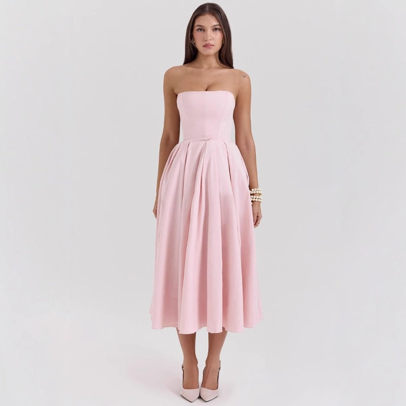 Women's dress: sexy summer outfit - high-end fishbone bandeau dress, pure & sultry style, hot girl slim fit, backless midi dress