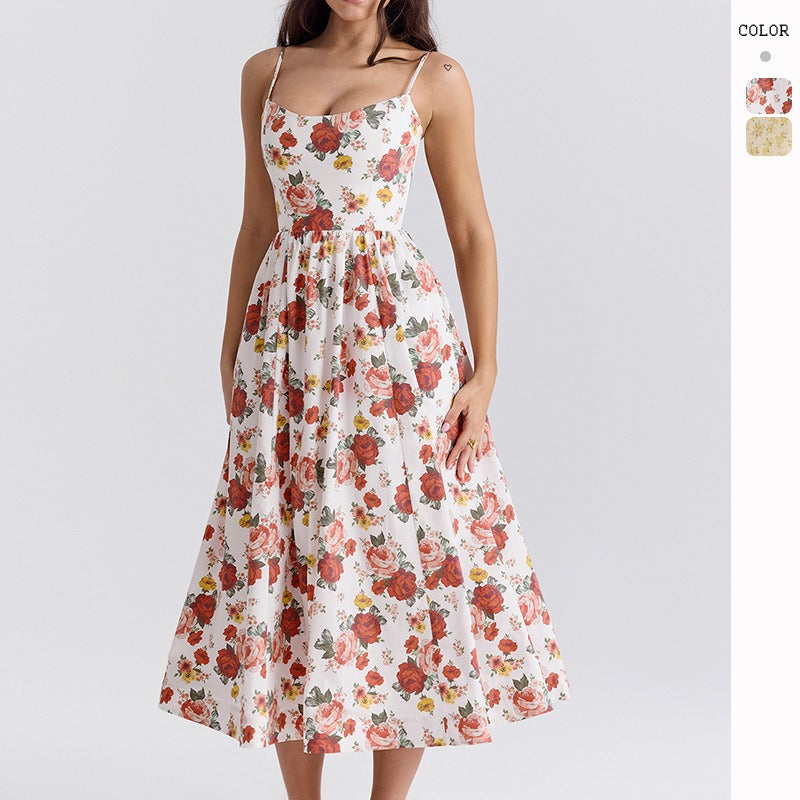 Women's dress - cross-border fashion: sweet & spicy floral midi dress with open back and spaghetti straps - perfect for summer in europe and the us