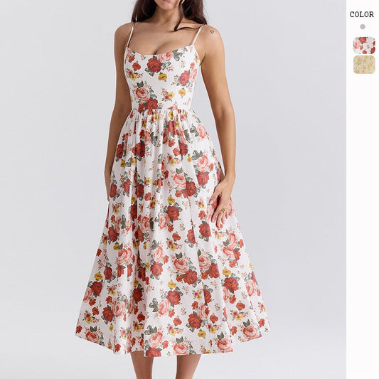 Women's dress - cross-border fashion: sweet & spicy floral midi dress with open back and spaghetti straps - perfect for summer in europe and the us