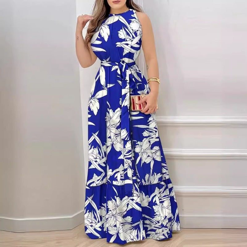 Women's dress - cross-border amazon ebay us/eu summer halter neck tie-up printed ruffle hem dress
