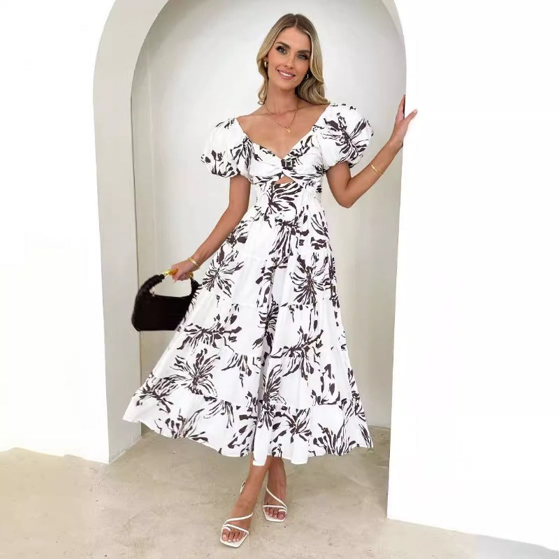 Women's dress - cross-border fashion, spring/summer, amazon style, elegant, slim-fit, printed, puff sleeve, high-end maxi dress for women