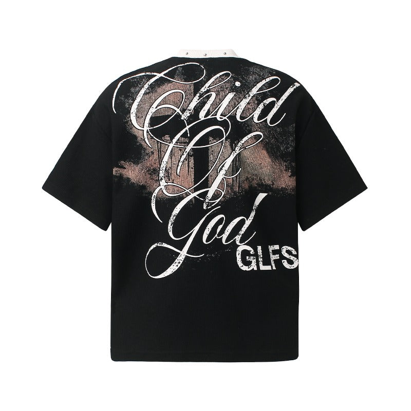 Men t shirts t american retrocouple street trendy waffle grids graffiti printing design high street men's loose round neck t-shirt