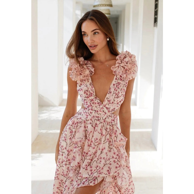 Women's dress - amazon us & europe style - instagrammable vacation maxi dress - cutout, slim fit, deep v neck, ruffle trim, floral print, open back dress
