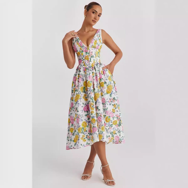 Women's dress - standalone store summer slim-fit camisole maxi dress - european & american style fashion print v-neck elegant dress