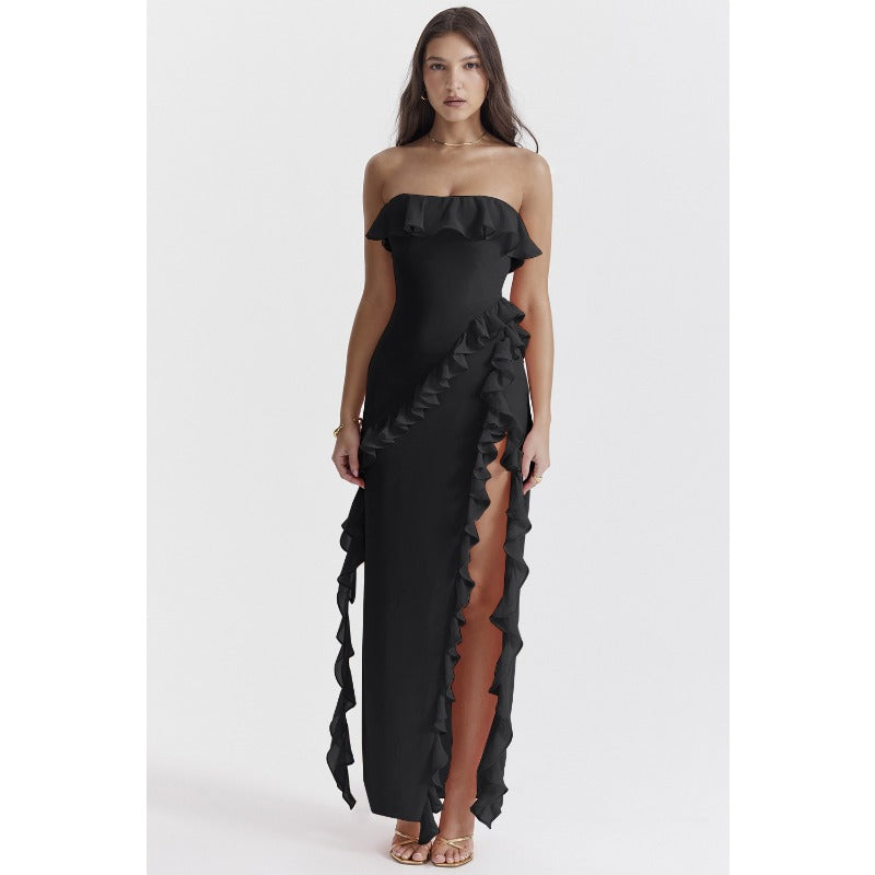Women's dress - cross-border fashion: european & american summer sexy ruffle bandeau slit sleeveless off-shoulder evening gown dress