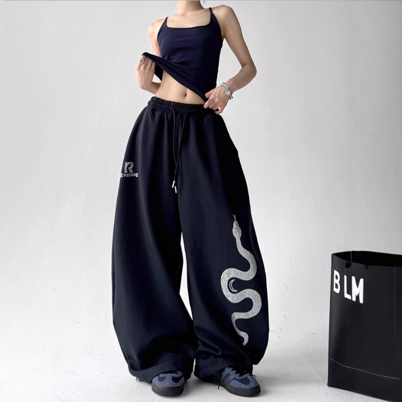 Womens casual pants retro big snake print womens summer loose