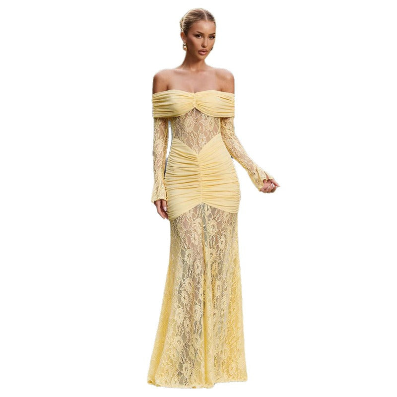 Women's dress: european and american style, elegant lace off-the-shoulder maxi dress, fashionable sexy long sleeve backless slim-fit dress for women