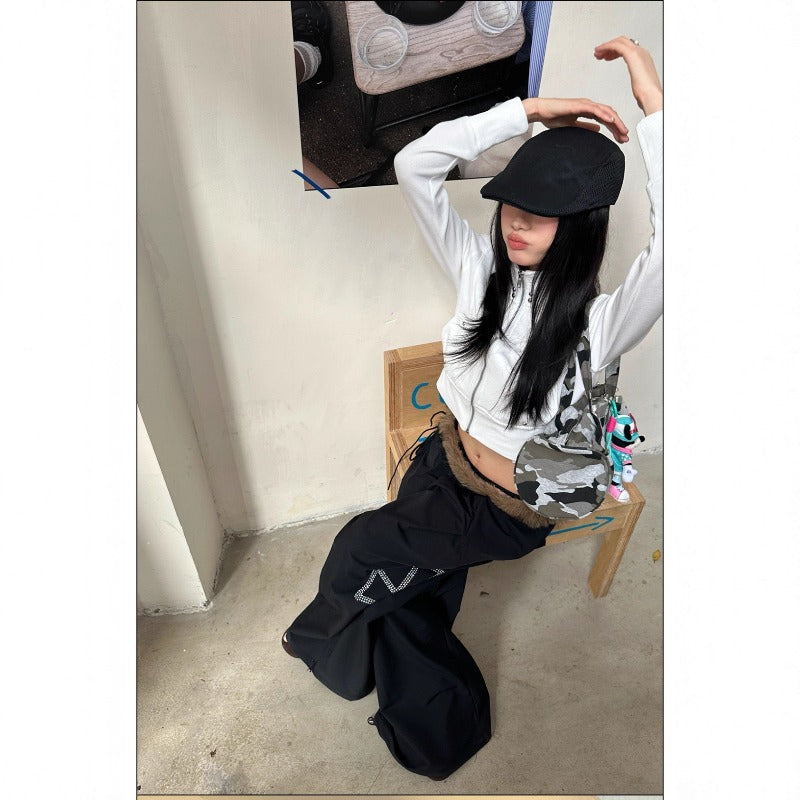 Women casual pants detachable fur collar