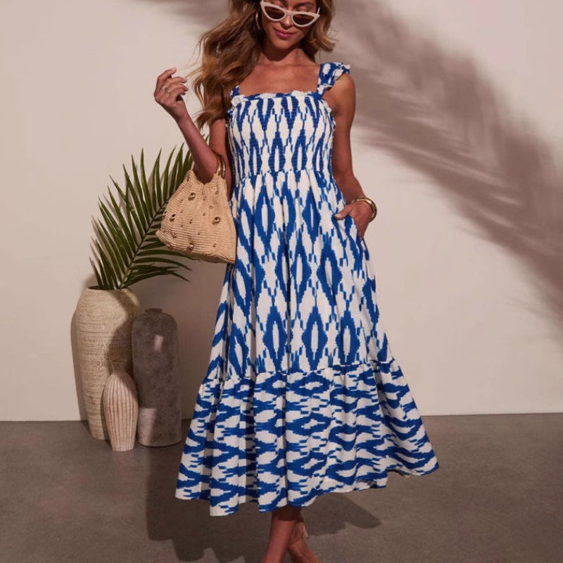 Women's dress - european & american style summer dress - printed sexy square neck, cinched waist, ruched cami, maxi dress