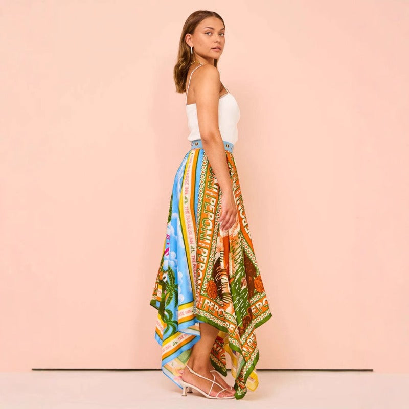 Women's dress - spring/summer long printed a-line midi skirt with asymmetrical hem and cinched waist - stylish and elegant