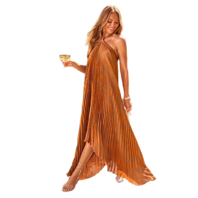 Women's dress - standalone store, amazon, european & american style - halter neck, backless, sexy dress - vacation, sleeveless, fashionable pleated maxi dress for women
