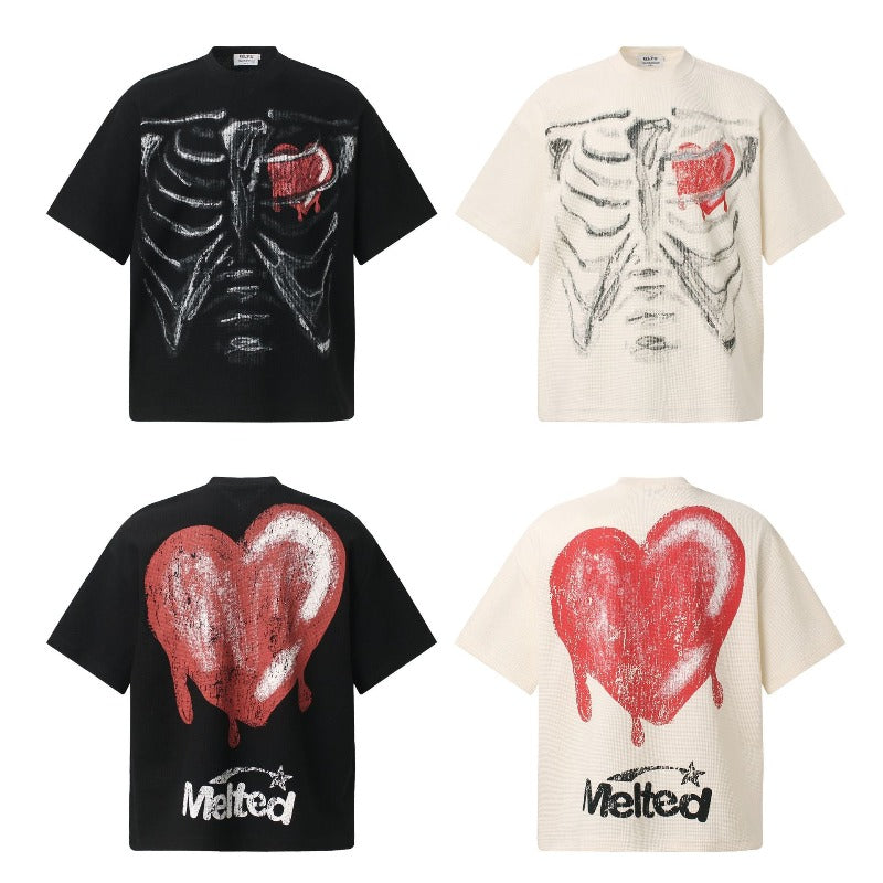 Men t shirts t american retrocouple street trendy waffle grids fun graffiti design high street men's loose small round neck t-shirt