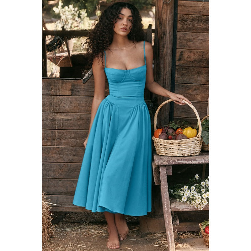 Women's summer amazon dress: french retro long dress, court style dopamine outfit, spaghetti strap dress for women