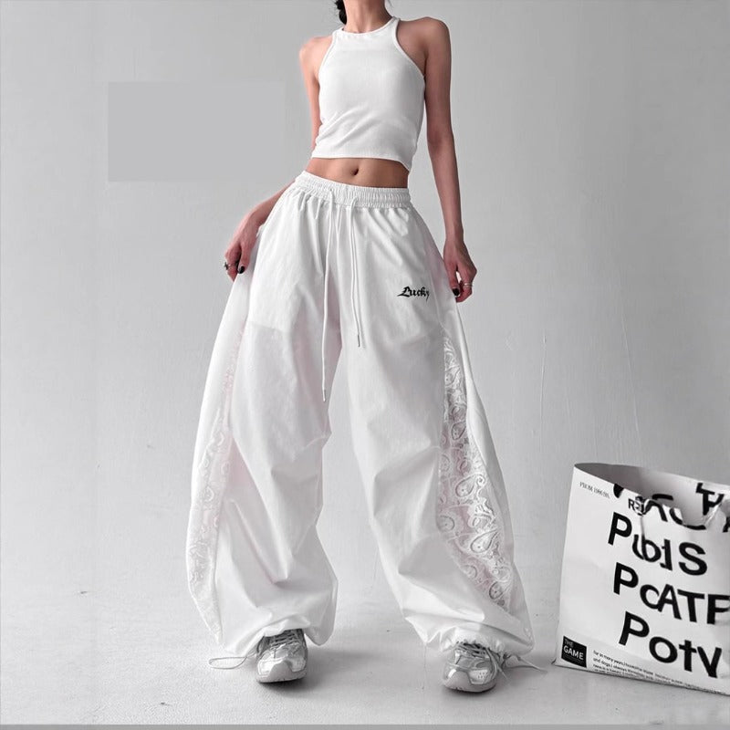 Women casual pants women's summer thin retro lace stitching loose wide-leg pants