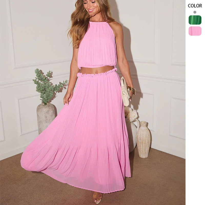 Women's spring european and american style sexy hollow-out pleated halter top and fashionable elegant midi skirt set