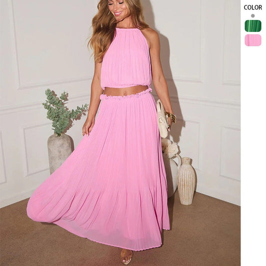 Women's spring european and american style sexy hollow-out pleated halter top and fashionable elegant midi skirt set