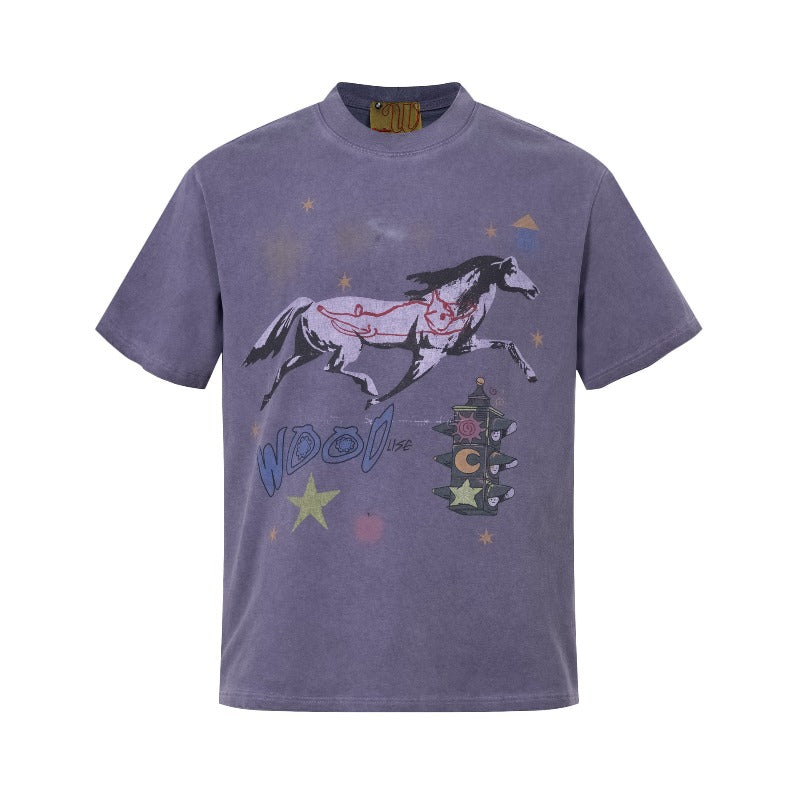 Men t shirts wt american street neutralclassy sense summer washed old horse year limited design men's loose short-sleeved t-shirt
