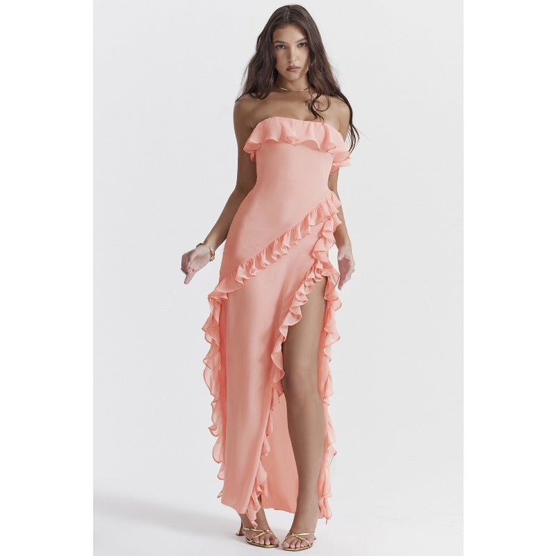 Women's dress - cross-border fashion: european & american summer sexy ruffle bandeau slit sleeveless off-shoulder evening gown dress