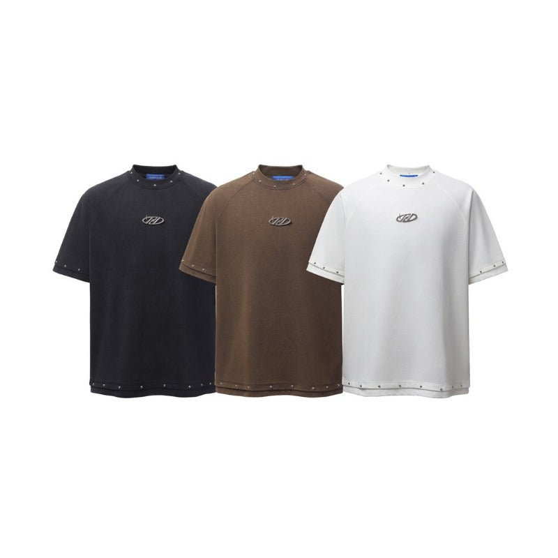 Men's t-shirts: american retro heavyweight double yarn high-quality high street distressed metal embellished men's loose fit short sleeve t-shirt
