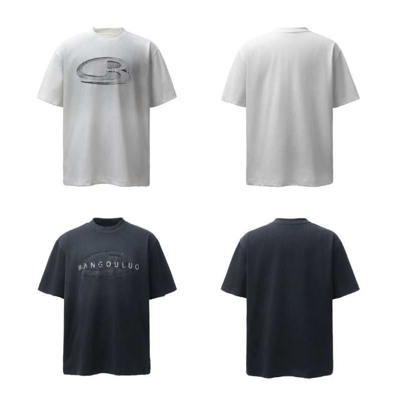 Men's t-shirts: american retro heavyweight double yarn washed & distressed logo design, men's high street oversized short sleeve tee